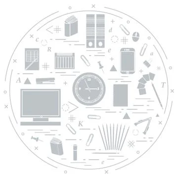 Set of different office objects arranged in a circle. Including icons of pape Stock Illustration