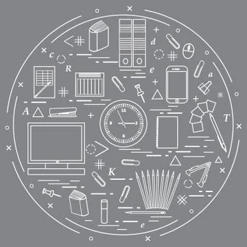 Set of different office objects arranged in a circle. Including icons of pape Illustrazione stock