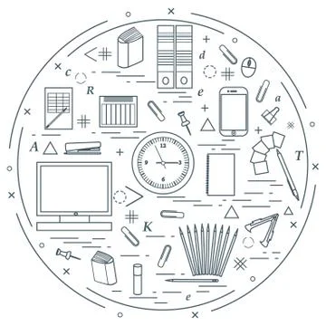 Set of different office objects arranged in a circle. Including icons of pape Illustrazione stock