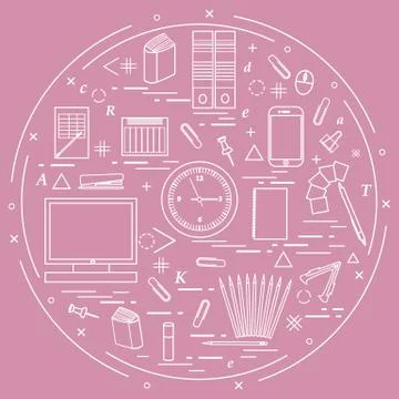 Set of different office objects arranged in a circle. Including icons of pape Stock Illustration