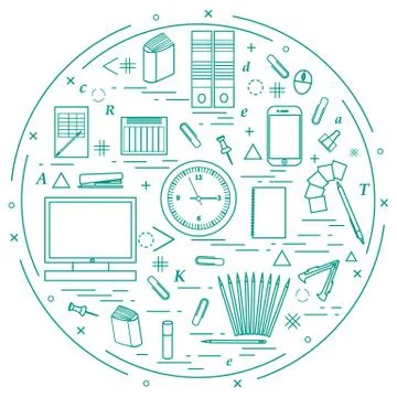 Set of different office objects arranged in a circle. Including icons of pape 库存插图