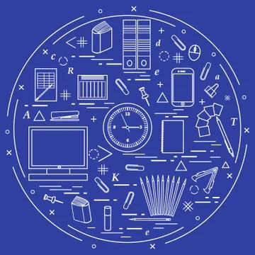 Set of different office objects arranged in a circle. Including icons of pape 库存插图