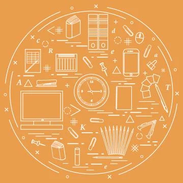 Set of different office objects arranged in a circle. Including icons of pape Stock Illustration