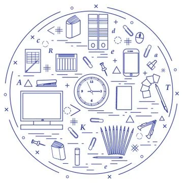 Set of different office objects arranged in a circle. Including icons of pape 库存插图