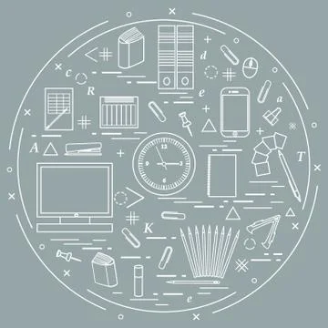 Set of different office objects arranged in a circle. Including icons of pape Stock Illustration