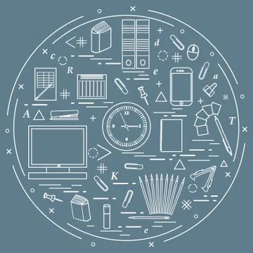 Set of different office objects arranged in a circle. Including icons of pape Stock Illustration
