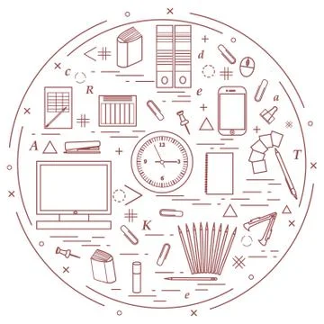 Set of different office objects arranged in a circle. Including icons of pape Illustrazione stock