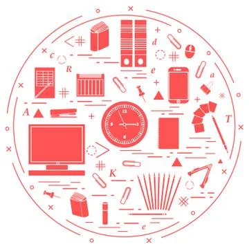 Set of different office objects arranged in a circle. Including icons of pape Stock Illustration