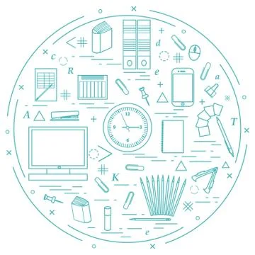 Set of different office objects arranged in a circle. Including icons of pape Stockillustratie