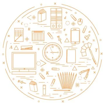 Set of different office objects arranged in a circle. Including icons of pape 스톡 일러스트