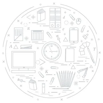 Set of different office objects arranged in a circle. Including icons of pape Illustrazione stock
