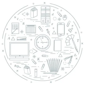Set of different office objects arranged in a circle. Including icons of pape 스톡 일러스트