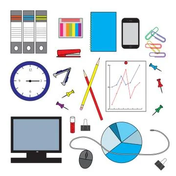 Set of different office objects Illustrazione stock