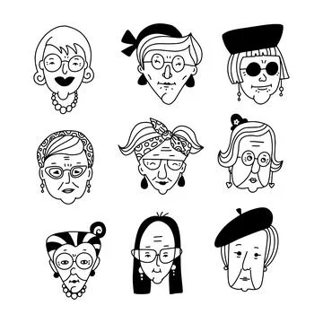 Set of different old women faces app icons in doodle linear style. Heads images Stock Illustration