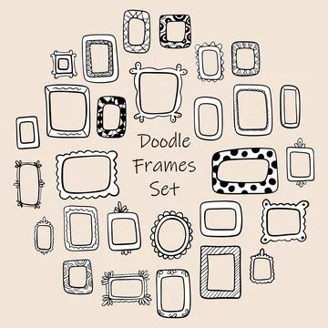A set of different outline frames for pictures. Doodle. Freehand drawing. Hand Stock Illustration