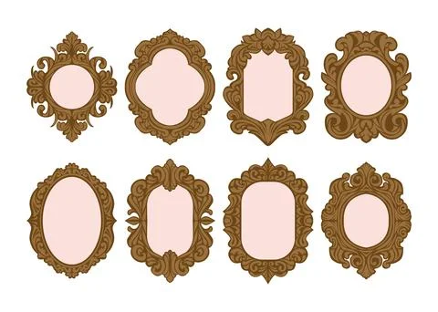Set of different oval mirror vintage frame or border collection Stock Illustration