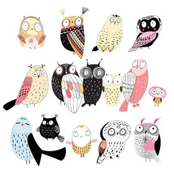 Set of different owls Stock Illustration