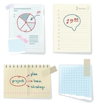 Set of different paper sheets with notes. Daily planner, notebook for keeping Stock Illustration