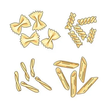 Set of different pasta types: farfalle, casarecce, fusilli, and penne. Stock Illustration