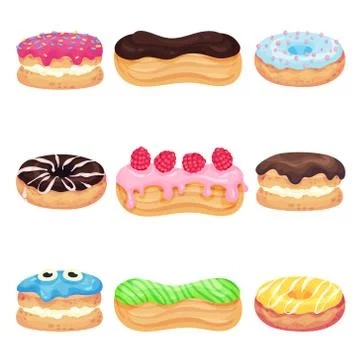 Set of different pastries with icing. Vector illustration on white background. Stock Illustration