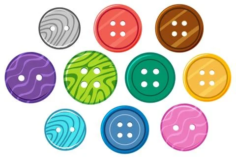 Set of different patterns on round buttons on white background Stock Illustration