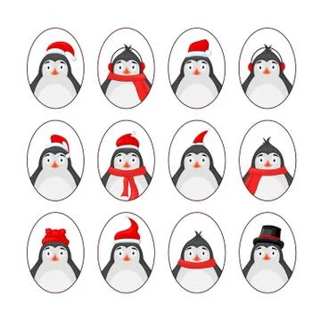 Set of different penguins. Avatars. Animals in Christmas hats of Santa Claus Stock Illustration