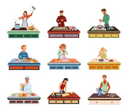 A set of different people cooking various food on the table. Vector illustration Ilustração Stock