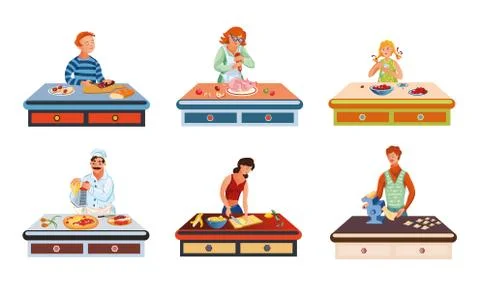Set of different people cooking various food on the table. Vector illustration Ilustração Stock