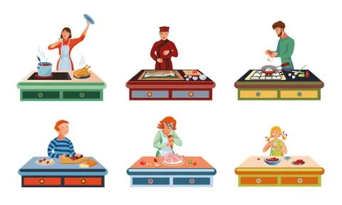 Set of different people cooking various food on the table. Vector illustration Stock Illustration