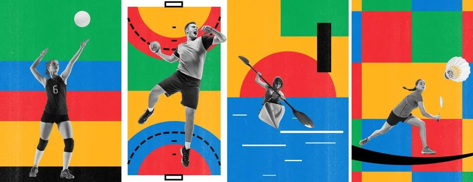 Set of different people doing different kind of sport. Volleyball, handball Stock Photos