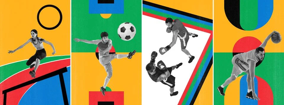 Set of different people doing different kind of sport. Running athlete, football Stock Photos