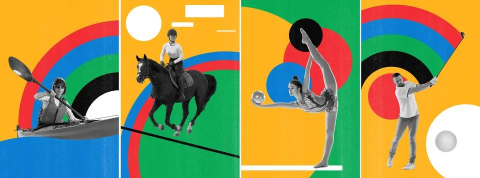 Set of different people doing different kind of sports over multicolored Foto stock