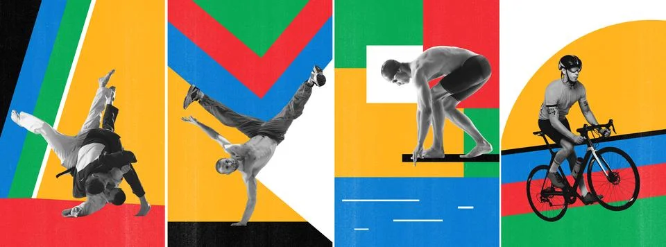 Set of different people doing different kind of sports over multicolored Foto stock