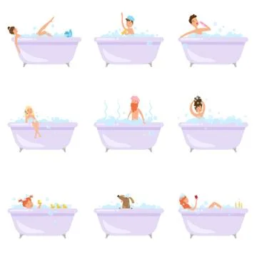 Set of different people or animals take a bath in bathtub Stock Illustration