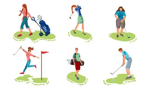 Set of different people playing golf on the grass. Vector illustration in flat Stock Illustration