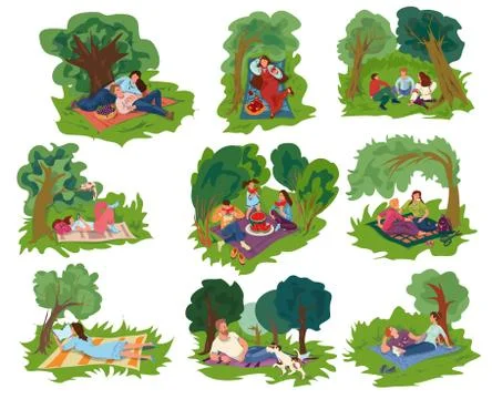 Set of different people that rest in the green city park Ilustración de archivo