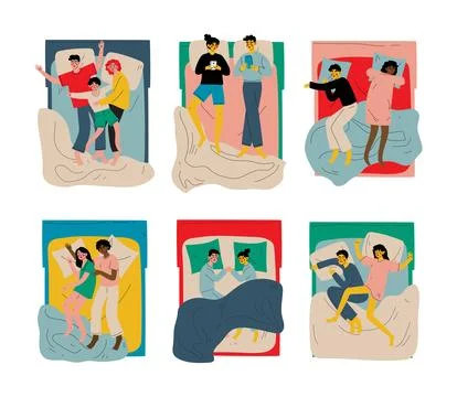 Set of different people sleeping and resting in beds. View from above of asleep Stock Illustration