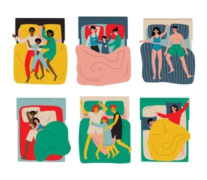 Set of different people sleeping and resting in beds. View from above of asleep Stock Illustration