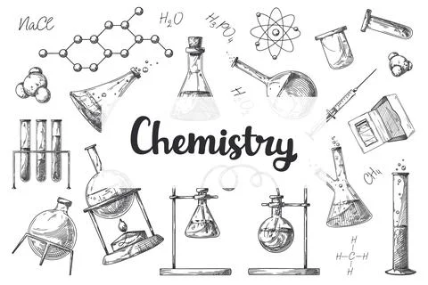 Set of different pharmaceutical flasks, beakers and test tubes. A sketch of c Stock Illustration