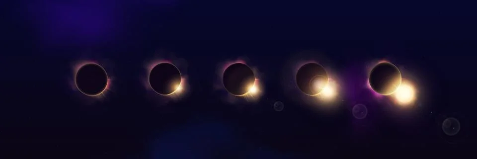 Set of different phases solar or moon eclipse vector set, glowing space planets Stock Illustration