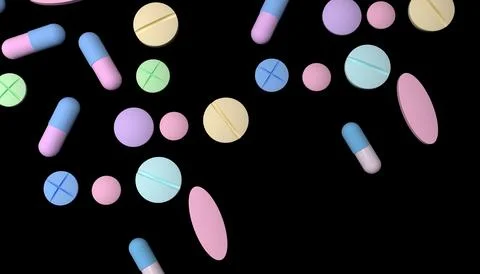 Set of different pills and tablets isolated on black background. Medical back Stock Illustration
