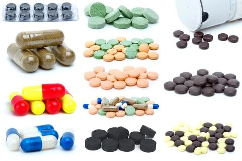 Set of different pills and tablets isolated on the white background Stock Photos