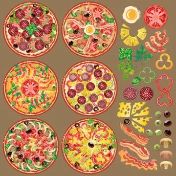 Set of different pizza ingredients. Six types of pizza. Stock Illustration