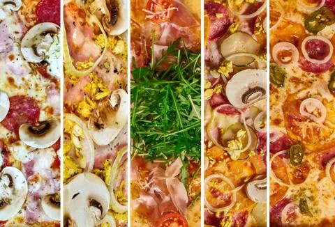 A set of different pizza for the menu, with cheese, with ham, with salami, wi Stock Photos