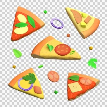 Set with different pizza slices and spices falling Stock Illustration