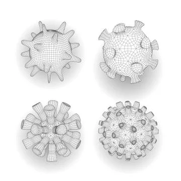 Set of different polygonal viral cells. Coronavirus. Linear outline polygon mesh Stock Illustration