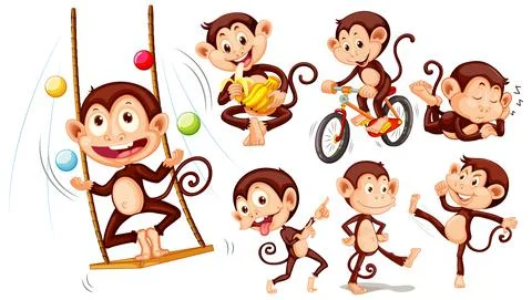 Set of different poses of monkeys cartoon characters Stock Illustration