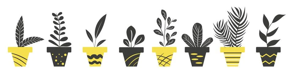A set of different pots with home plants black Stock Illustration