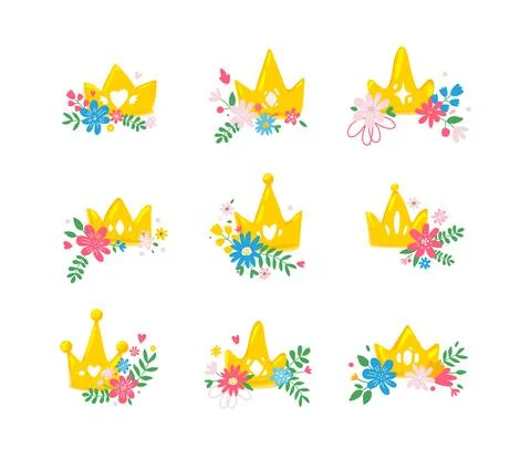 Set of different princess gold crowns with flowers in cartoon style,vector Stock Illustration