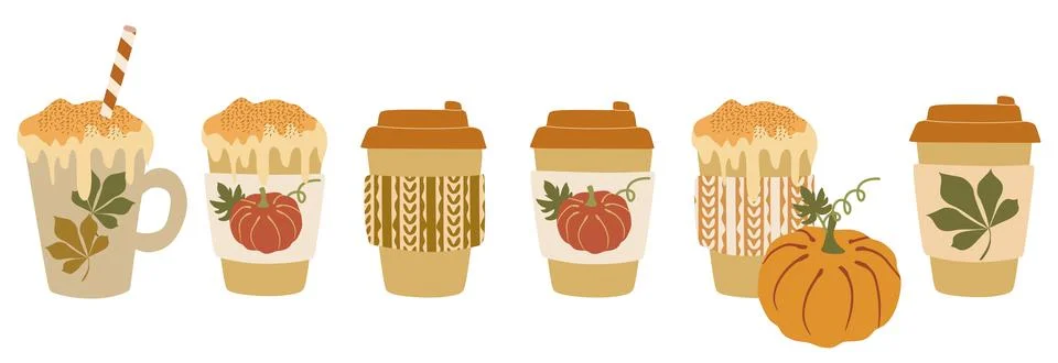 Set of different Pumpkin coffee to go. Vector Flat style illustration. Pape.. Illustrazione stock